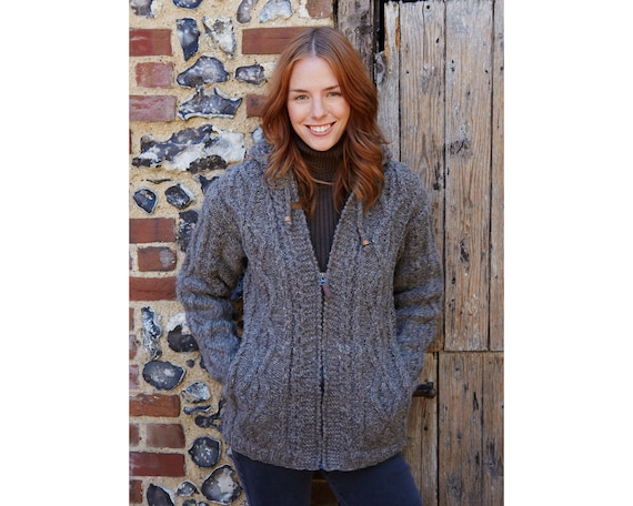 Women s Knitted Coat. Grey Wool Outer. Ladies Winter Jacket Fair Trade Cable Design Hood Lined Cotton Jersey Zip. Zip Pockets. Etsy