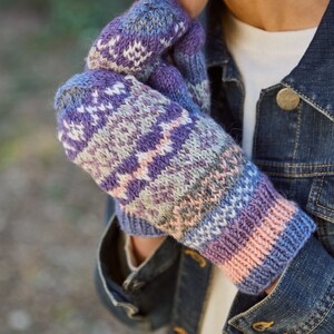 Women's Knitted Mittens Fleece Lined Mittens Fair Isle Gloves 100% Wool Fairisle Mitts Warm Woolly Gloves Handmade Pachamama Jacaranda