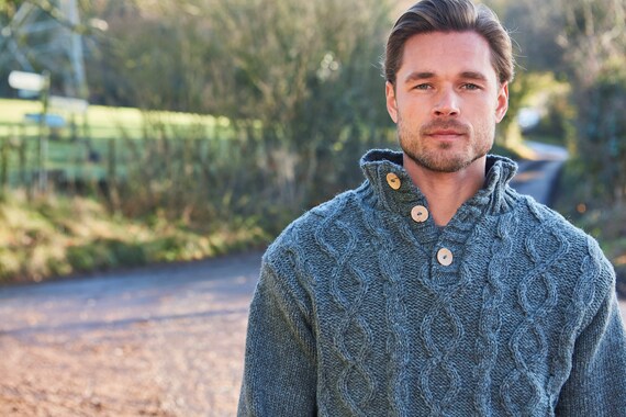Mens Cable Knit Jumper - Blue Knit Sweater - Mens Cable Knit Jumper - Aran Knit Sweater - Traditional Cable Knit - Button - Pachamama