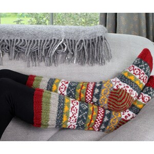 Women's Knitted Long Socks Fair Isle Sofa Socks 100% Wool Fair Trade Cosy Loungewear Socks Handmade in Nepal Pachamama image 9