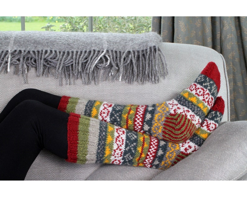 Women's Knitted Long Socks Fair Isle Sofa Socks 100% Wool Fair Trade Cosy Loungewear Socks Handmade in Nepal Pachamama image 9