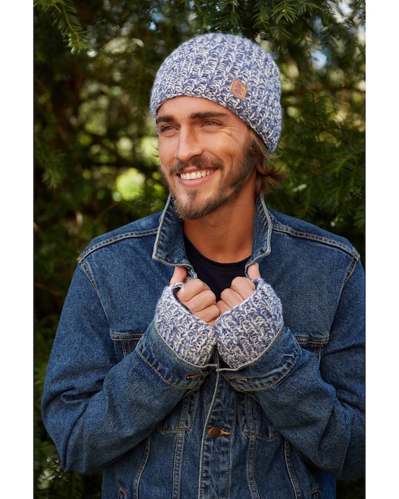 Men's Hand Knitted Beanie or Handwarmer, 100% Wool, Warm Winter