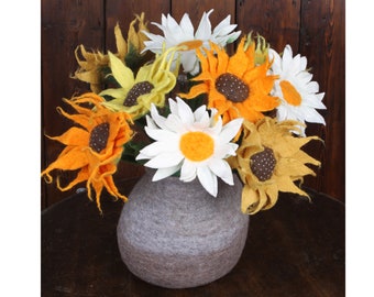 Flores de fieltro, girasoles y margaritas - 100 % lana / 7.º aniversario / Pachamama