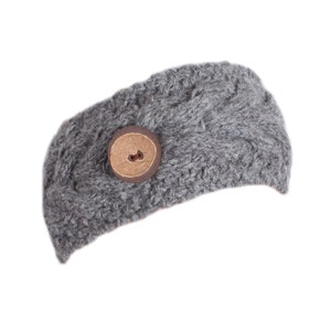 May include: Grey knitted headband with a brown button.