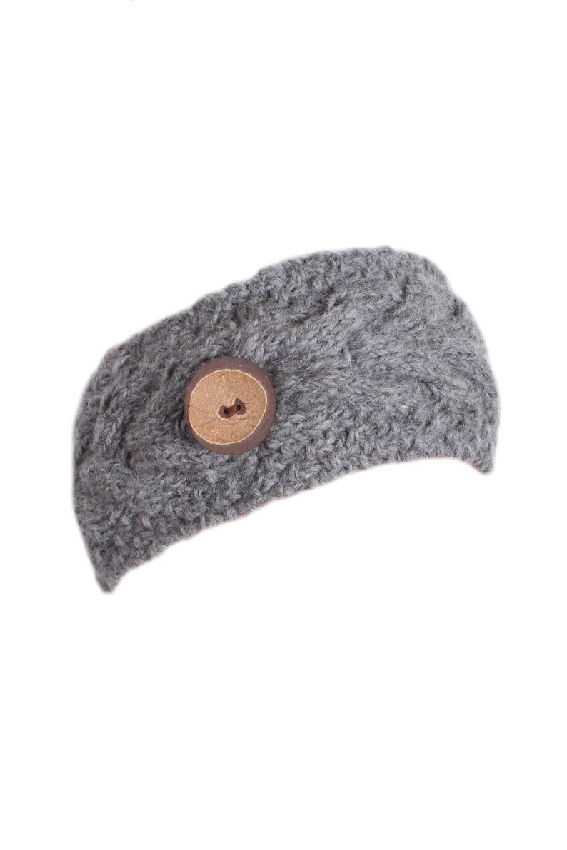 May include: Grey knitted headband with a brown button.