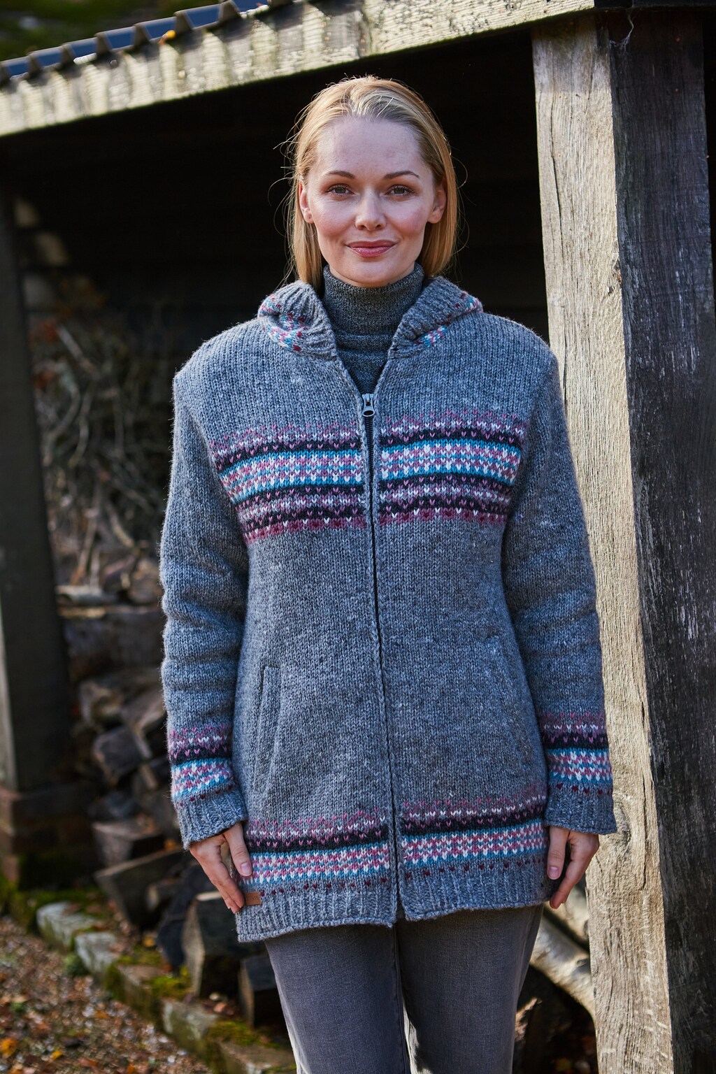 Pachamama Felpa Con Cappuccio Donna In Lana Fair Isle – Calda Foderata In Pile Commercio Equo