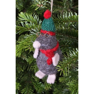 Decoração de Natal Sr. Toupeira feita à mão em feltro, 100% lã, enfeite de árvore para pendurar, comércio justo, design de animal fofo
