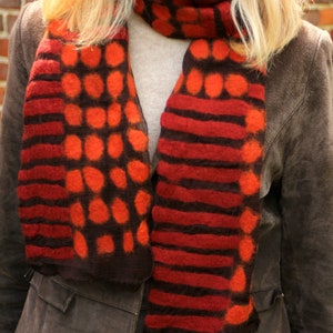 Women's Hand Felted Scarf Spots and Stripes Soft Scarf for Spring and Summer Merino Wool & Chiffon Pachamama Red