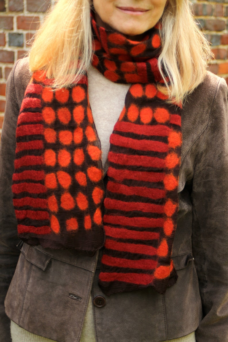 Women's Hand Felted Scarf Spots and Stripes Soft Scarf for Spring and Summer Merino Wool & Chiffon Pachamama Red