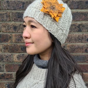 Women&#39;s Sunflower Beanie - Winter Hat - Hand Knitted - 100% Wool - Classic Cable Knit Hat - Ethical Clothing - Fleece Lined - |tbdc