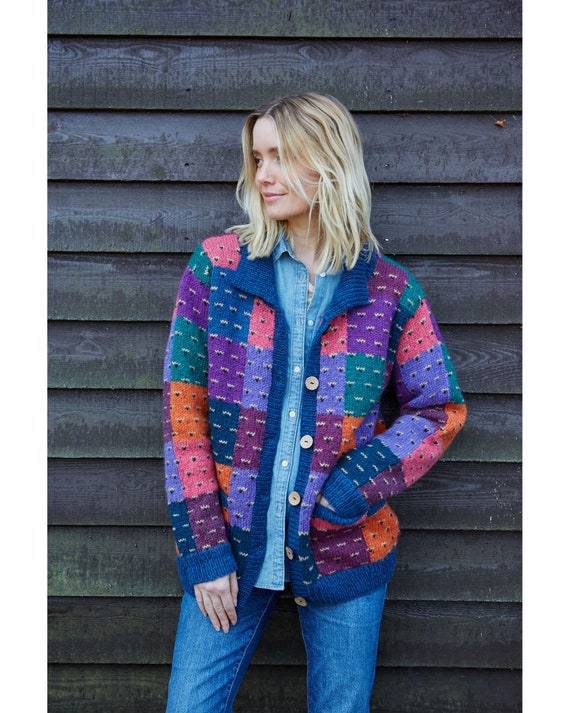 Womens Wool Cardigan - Winter Cardigan - 100% Wool - Ethical Clothing - Unlined - Hand Knit cardigan - Patchwork design - Pachamama |tbdc