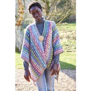 Women&#39;s Hand Knitted Wrap, 100% Wool, Wooden Brooch Fastening, Fair Isle Design, Classic Outerwear, Warm & Cosy