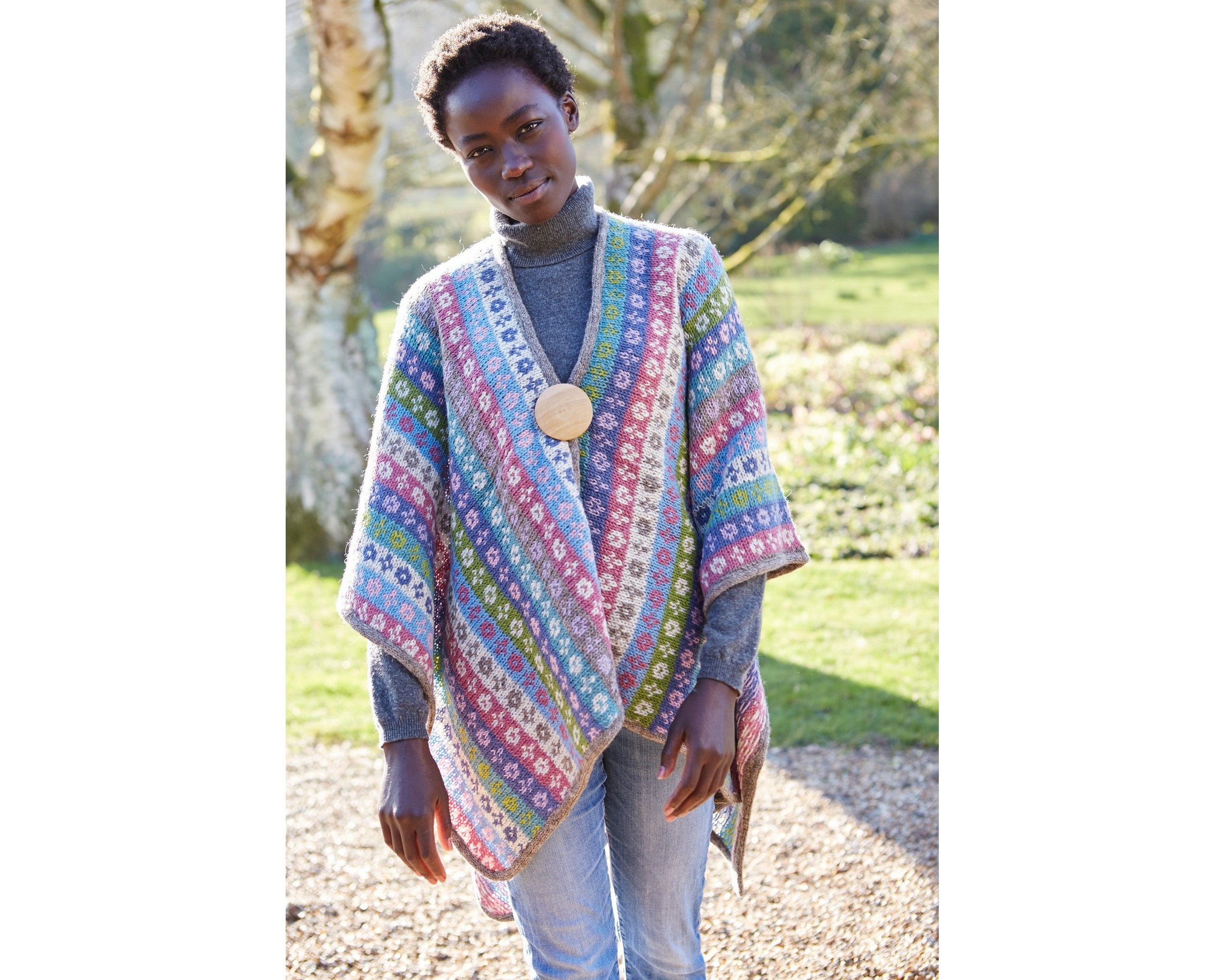 Women's Hand Knitted Wrap, 100% Wool, Wooden Brooch Fastening, Fair Isle Design, Classic Outerwear, Warm & Cosy