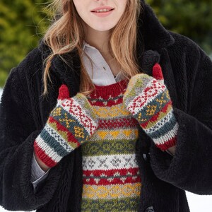 Women's Knitted Mittens Fleece Lined Mittens Fair Isle Gloves 100% Wool Fairisle Mitts Warm Woolly Gloves Handmade Pachamama image 3