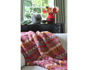 Hand Knitted Throw, 100% Wool Blanket, Handmade Cosy Cover, Warm Earthy Colours, Fleece Lined, Snuggly