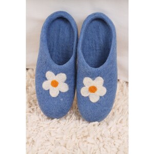 Women's Hand Felted Daisy Slipper, 100% Wool, Bright Flower Design, Felt Cosy Slippers, Suede Sole, Warm Hygge Style, Fair Trade Blue & Bark image 7