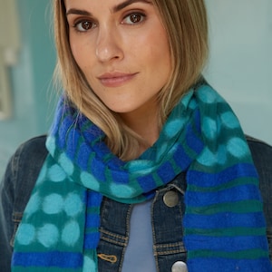 Women's Hand Felted Scarf Spots and Stripes Soft Scarf for Spring and Summer Merino Wool & Chiffon Pachamama Blue