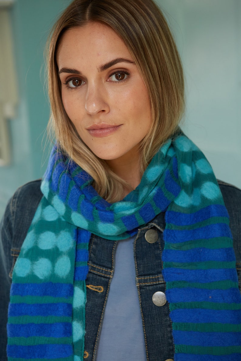 Women's Hand Felted Scarf Spots and Stripes Soft Scarf for Spring and Summer Merino Wool & Chiffon Pachamama Blue