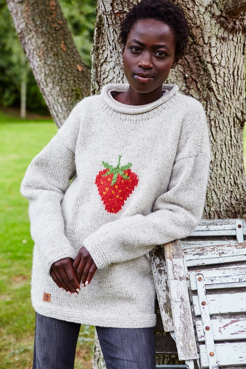 Strawberry Knitted Sweater Spring Jumper Fruit Motif 100% Wool Handknit Oversized Knit Pullover Fair Trade Pachamama image 1