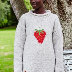 Strawberry Knitted Sweater Spring Jumper Fruit Motif 100% Wool Handknit Oversized Knit Pullover Fair Trade Pachamama image 5