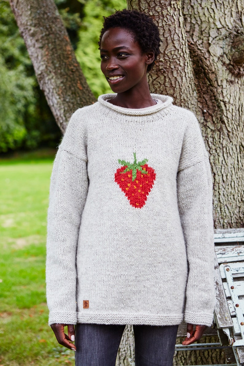 Strawberry Knitted Sweater Spring Jumper Fruit Motif 100% Wool Handknit Oversized Knit Pullover Fair Trade Pachamama image 5