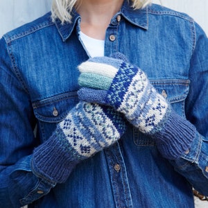 Women's Fair Isle Gloves Hand Knitted Gloves 100% Wool Fairisle Knit Gloves Warm Knitted Gloves Fair Trade Pachamama Denim