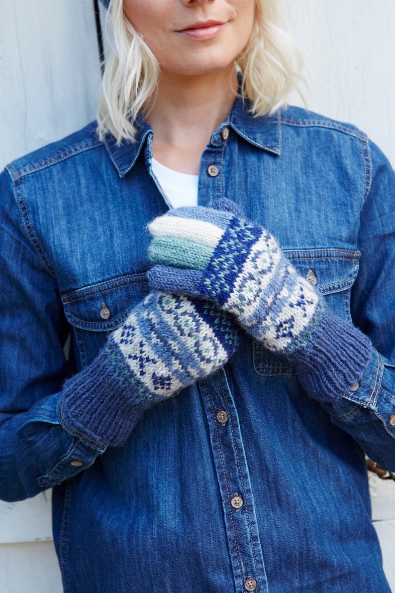 Women's Fair Isle Gloves Hand Knitted Gloves 100% Wool Fairisle Knit Gloves Warm Knitted Gloves Fair Trade Pachamama Denim