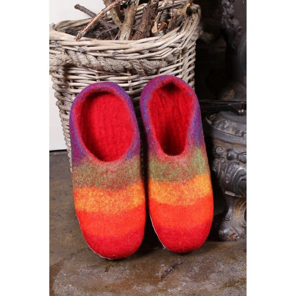 Women's Hand Felted Sunrise Slippers, 100% Wool, Beautiful Warm Sunset Colours, Handmade, Fair Trade, Soft Stripes, Cosy Slipper, Suede Sole