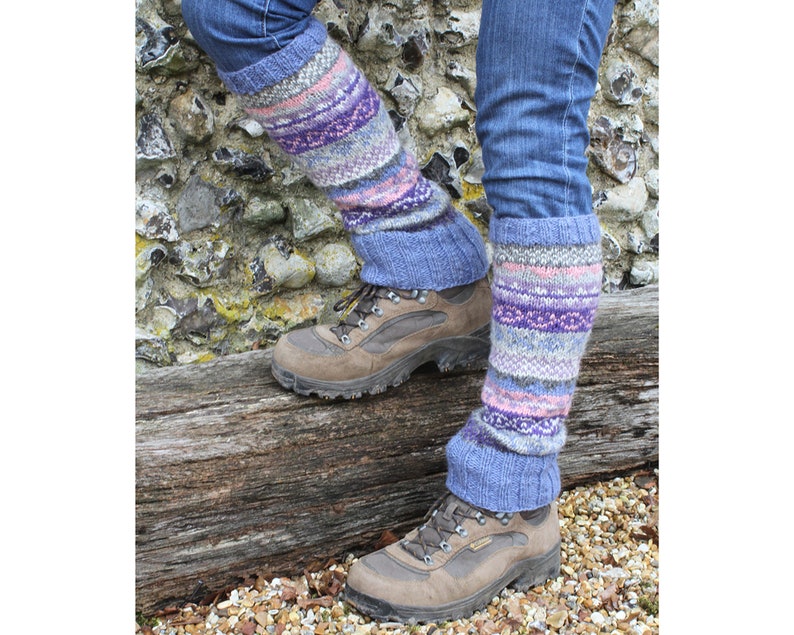 Women's Knitted Wool Legwarmers Fair Isle Legwarmers Knitted Legwarmers 100% Wool Handmade Unlined Pachamama Jacaranda Regular