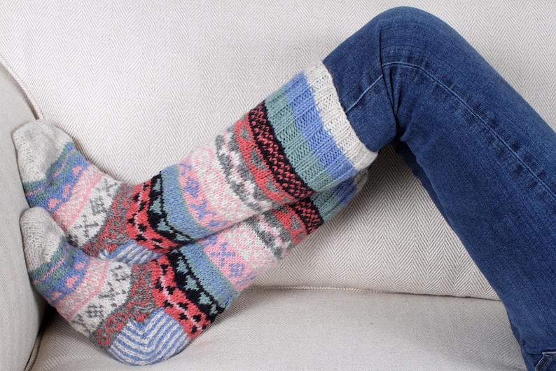 Women's Knitted Long Socks Fair Isle Sofa Socks 100% Wool Fair Trade Cosy Loungewear Socks Handmade in Nepal Pachamama image 8