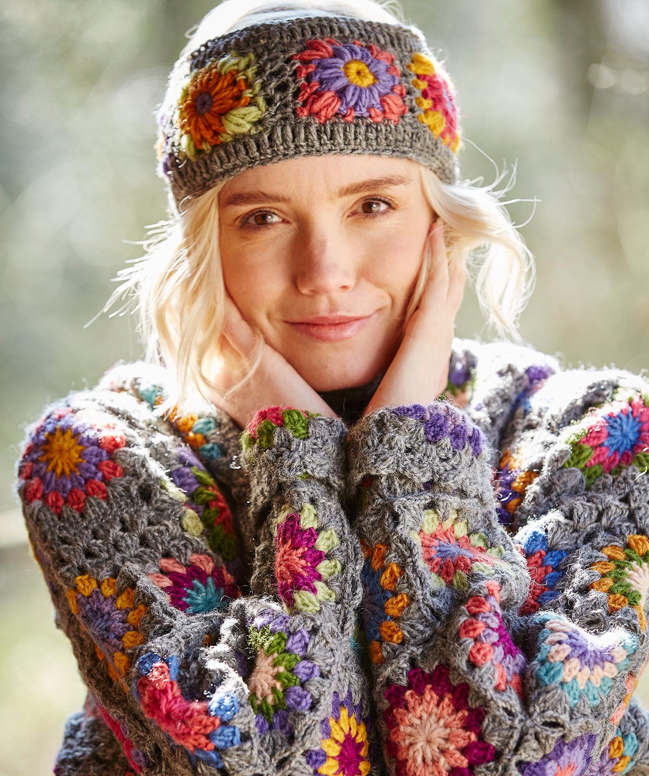 Women's Crochet Granny Square Cardigan - Grey, 100% Wool
