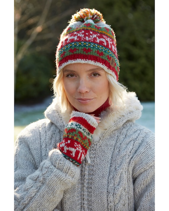Women s Retro Reindeer Bobble Beanie 100 Wool Fair Trade Winter