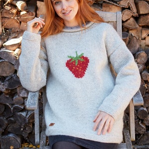 Strawberry Knitted Sweater Spring Jumper Fruit Motif 100% Wool Handknit Oversized Knit Pullover Fair Trade Pachamama image 2