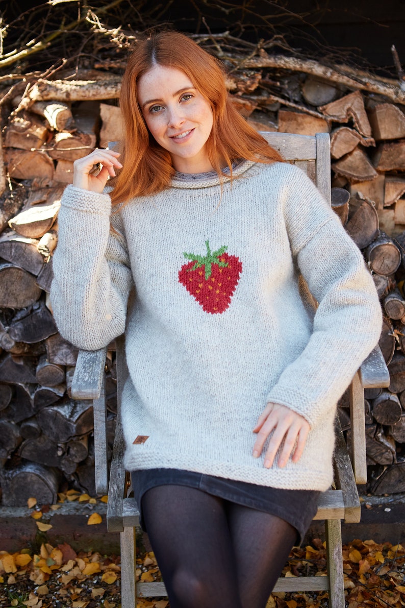 Strawberry Knitted Sweater Spring Jumper Fruit Motif 100% Wool Handknit Oversized Knit Pullover Fair Trade Pachamama image 2