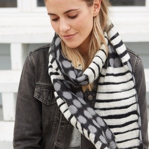 Women's Hand Felted Scarf Spots and Stripes Soft Scarf for Spring and Summer Merino Wool & Chiffon Pachamama Black & White