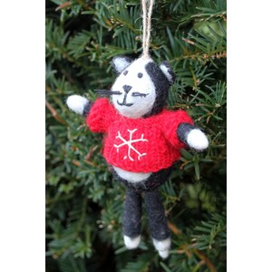 Hand Felted Cat Christmas Decoration, 100% Wool, Hanging Festive Kitten Tree Ornament, Fair Trade, Cute Animal Design