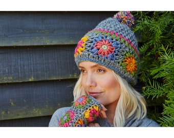 Women's Hand Crocheted Bobble Beanie, 100% Wool Fair Trade Winter Hat, Bright Flower Headband, Fingerless Gloves, Granny Square