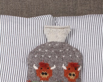 Handmade Highland Cow Hot Water Bottle, 100% Wool, Fair Trade, Includes 2L Hot Water Bottle, Animal design, Scotland, Gift for her