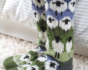 Women's Flock of Sheep Long Socks - 100% Wool - Fair Trade - Handmade Cute Lamb Socks - Cosy Loungewear Socks - Knitted - Pachamama