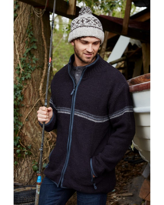 Men's Full Zip Jacket, 100% Wool Hand Made. 3 colour grey Chest Stripes.  Side pockets. Reverse Knit 1ply Wool. Fully Fleece Lined.