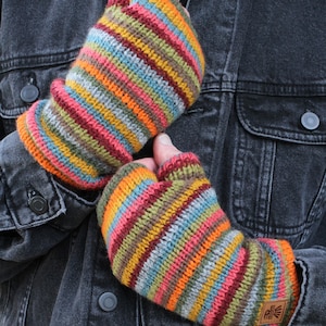 Knitted Striped Beanie Hat Unisex Fingerless Gloves Headband 100% Wool Fleece Lined Fair Trade Ethical Gifting Pachamama Fingerless Gloves