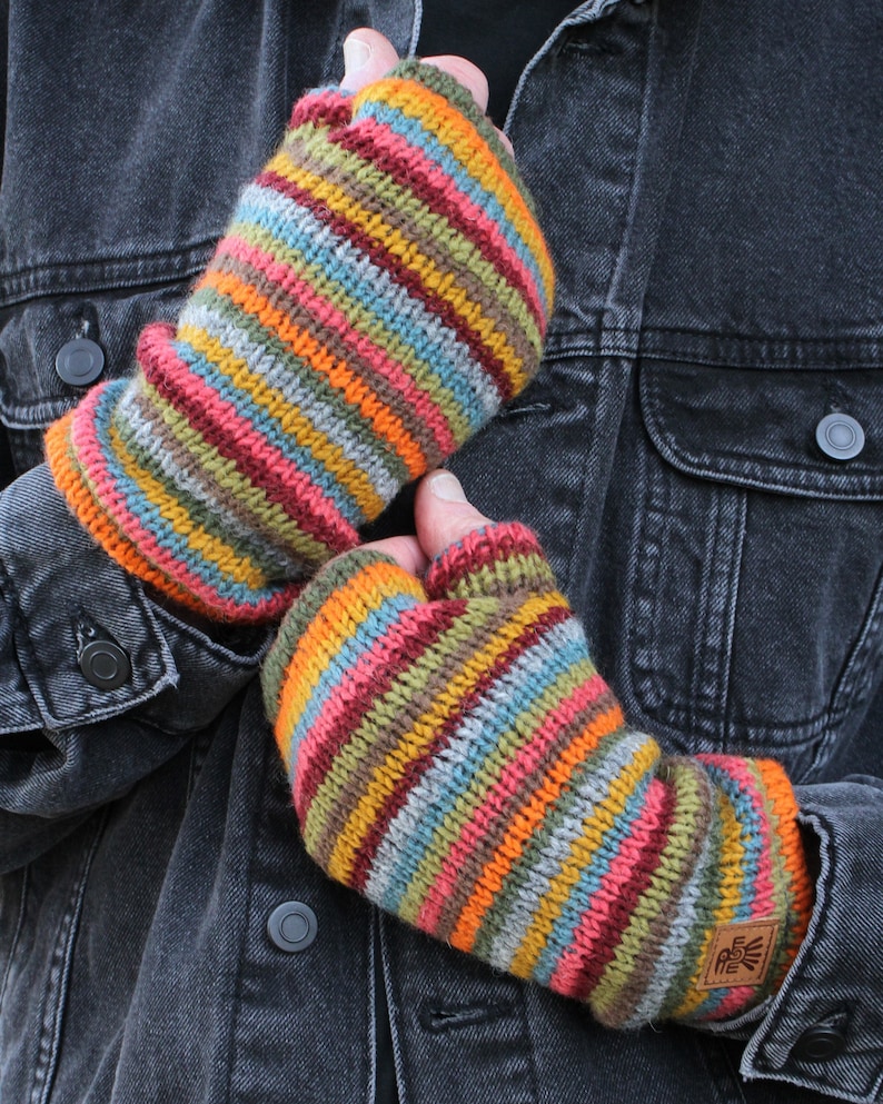 Knitted Striped Beanie Hat Unisex Fingerless Gloves Headband 100% Wool Fleece Lined Fair Trade Ethical Gifting Pachamama Fingerless Gloves