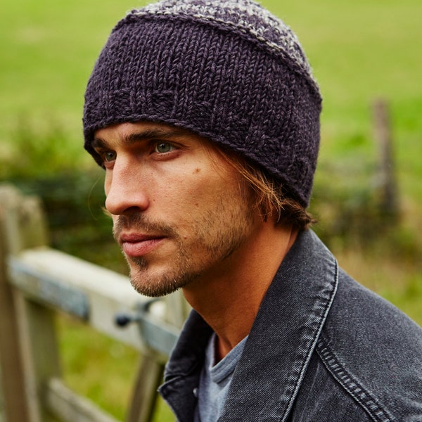 Men's Hand Knitted Beanie, 100% Wool, Warm Winter Hat, Fair Isle Design, Fleece Lined, Fair Trade, Subtle Pattern, Donegal