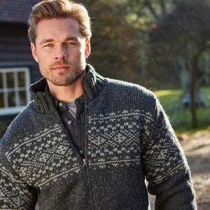 Mens Black Zip Jacket - Mens Knitted Jacket - Fair Isle Knit Jacket - Knitted Coat - Mens Knit Zip Up - Fairisle Knitwear - Pachamama