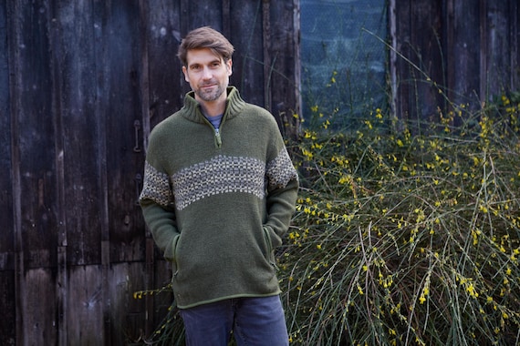 Men's Half Zip Jumper - Fair Isle Sweater - 100% Wool - Fair Trade