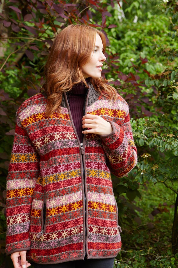 Buy Women's Hand Knitted Fleece Lined Zip Jacket, 100% Wool
