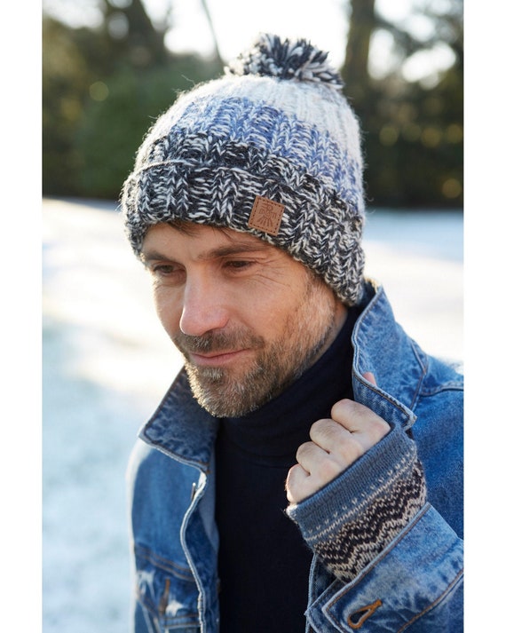 Gorro con pompón tejido a mano para hombre, 100 % lana, hilo