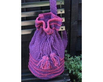 Fair Trade Bag, Handmade, Hand knitted Duffel, Boucle Wool, Purple, Red, Stripes, Crochet Lined, Cotton Lining, Pachamama Bag, Hand knitted