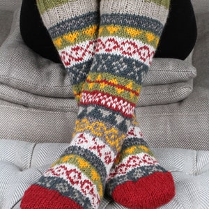 Women's Knitted Long Socks Fair Isle Sofa Socks 100% Wool Fair Trade Cosy Loungewear Socks Handmade in Nepal Pachamama Rust
