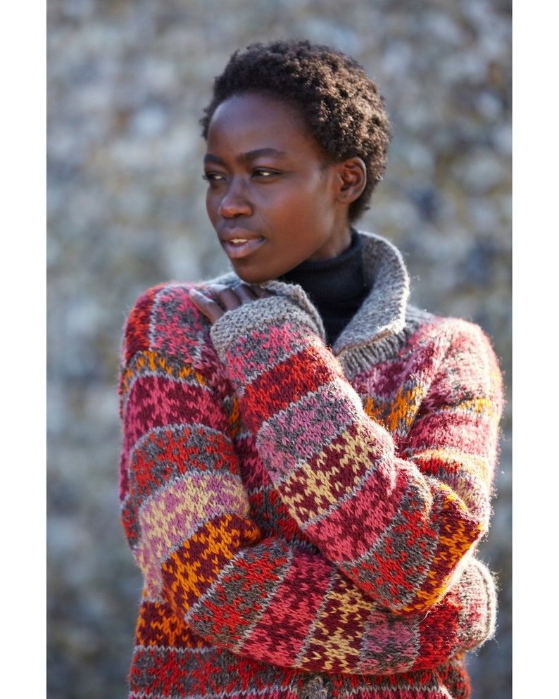 Women's Hand Knitted Star Cardigan 100% Wool Unlined Bright Colourful Chunky Cardi Autumnal Pastel Coconut Shell Buttons Pachamama image 4